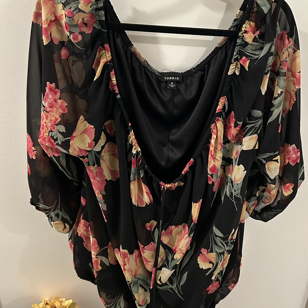 Torrid Black Floral Blouse with Pink and Yellow Accents